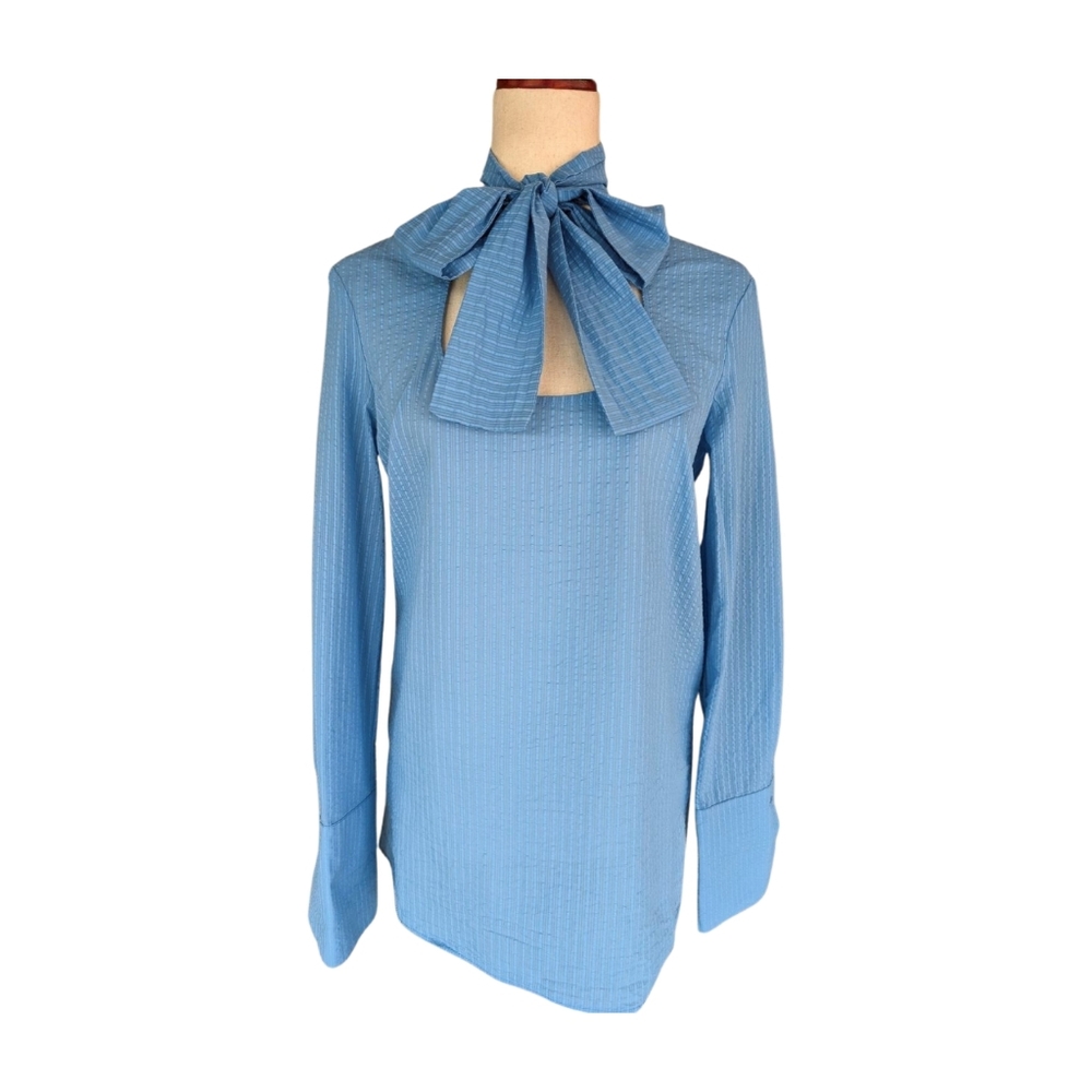 NWT Simona Corsellini Blue Pussybow/Tie Neck‎  Long Sleeve Blouse Size IT40/US4